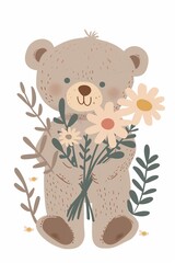 minimal flat illustration of a teddy bear holding a bouquet of simple flowers, muted pastel palette