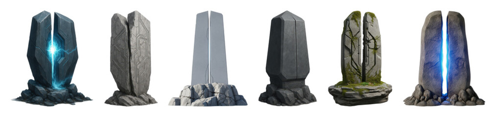 Fototapeta premium Fantasy pillars set including cracked, glowing, mossy, and futuristic designs isolated. Game assets and ancient monuments.