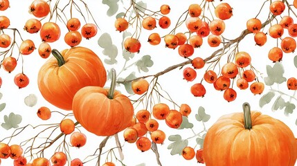 watercolour amazingly adorable drawn illustration for background consisting of soft rowan berries on branches and pumkins, festive autumn