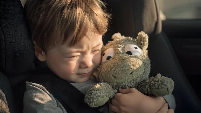 Little Kid sitting in Safety Car Seat and Holding Plush Toy