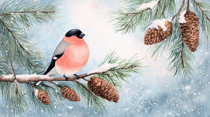 watercolour amazingly adorable cartoon drawn illustration of festive winter scene of Eurasian bullfinch sitting on a pine branch 