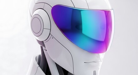 Close up of a futuristic white robot head with a reflective visor displaying vibrant colors