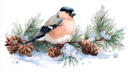 watercolour amazingly adorable cartoon drawn illustration of festive winter scene of Eurasian bullfinch sitting on a pine branch 