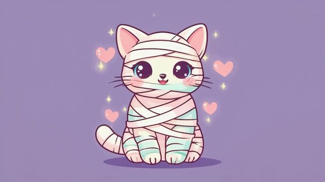 Adorable Cartoon Mummy Cat with Hearts and Sparkles on Purple Background, animasi video, wallpapper phone