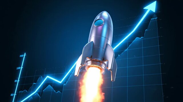 Rocket Launch Business Growth - A silver rocket ship propels upward against a backdrop of a rising blue graph, symbolizing rapid business growth and success.