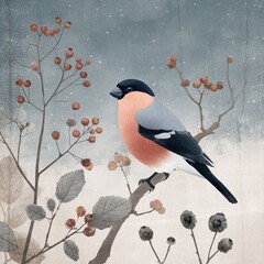 watercolour amazingly adorable cartoon drawn illustration of festive winter scene of Eurasian bullfinch sitting on a rowan branch 