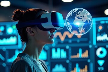 Woman immersed in virtual reality surrounded by futuristic digital data displays and holographic globe.