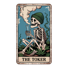 Fototapeta premium A humorous tarot card depicting a skeleton smoking from a bong in a field