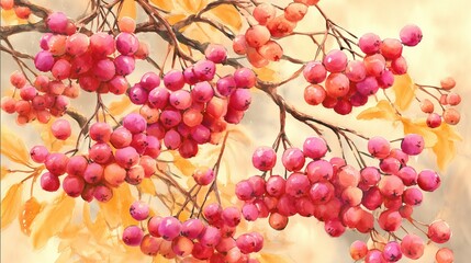 watercolour amazingly adorable drawn illustration for background consisting of soft rowan berries