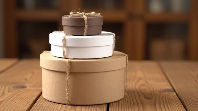 Stacked Round Gift Boxes with Twine - Three round cardboard gift boxes of varying sizes are stacked on a rustic wooden table. Each box is tied with twine, creating a simple yet elegant presentation.