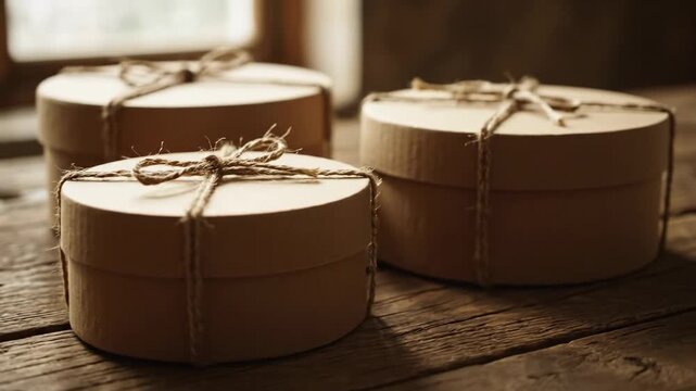 Rustic Round Gift Boxes Tied with Twine - Three round cardboard gift boxes are tied with twine and rest on a rustic wooden table.