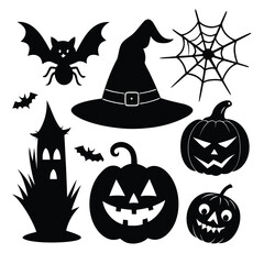 Halloween Silhouettes Collection Keywords: halloween, silhouette, bat, witch hat, spider web