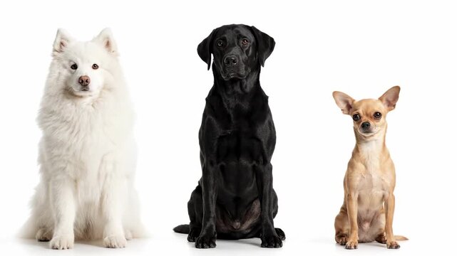 Three Dog Breeds Sitting on White - A Samoyed, a Labrador Retriever, and a Chihuahua sit in a row against a pure white background.