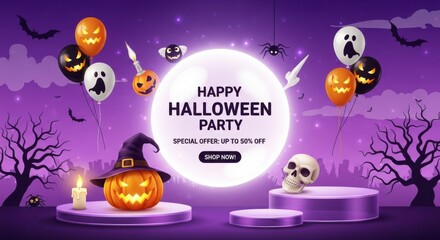 Happy halloween party with balloons, a witch pumpkin, and a skull on display with special offer