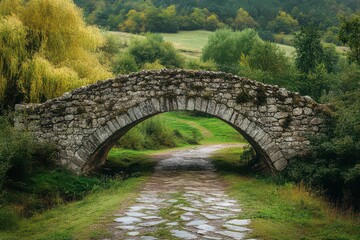 Stone bridge spans a small creek in a lush green forest
