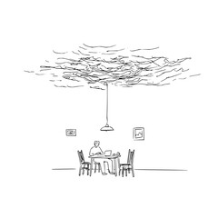 Obraz premium A person sits at a table with a laptop under a cloud like scribble hanging from the ceiling lamp drawing