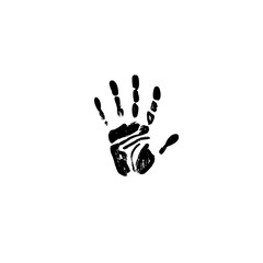 Fototapeta premium Black ink handprint with visible fingers and palm on a white background in a simple illustration