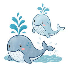 Naklejka premium Cute cartoon whales spouting water in the ocean