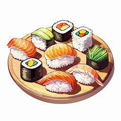 Anime Style Sushi Platter Vector Illustration with Nigiri and Rolls