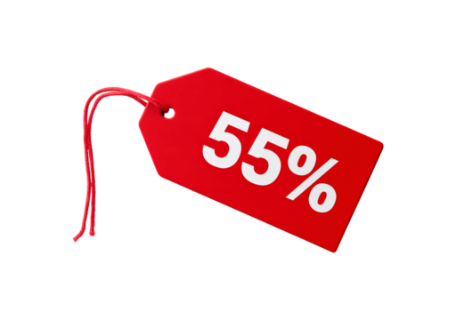 Red sale tag with 55% discount on transparent background, PNG