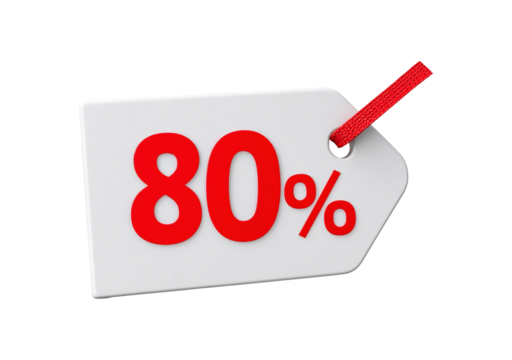 White price tag with red 80% discount on transparent background, PNG