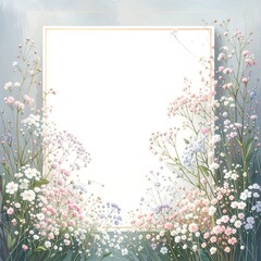 Floral frame; pastel flowers, light gray background, empty white space