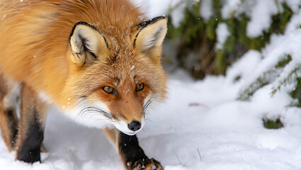Fototapeta premium A red fox cautiously walks through a snowy forest, its fur dusted with snowflakes