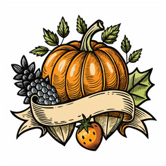 Hand- Drawn Autumn Harvest with Pumpkin and Berries Keywords: autumn, fall, harvest, pumpkin