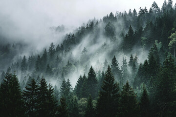 Misty mountain forest scenic view evergreen trees nature landscape