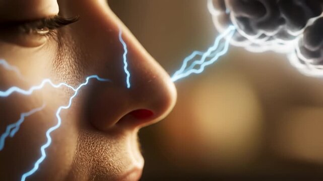 Scent Recognition: The Power of Smell - Close-up of a person's nose with stylized energy lines illustrating the process of scent detection and olfactory nerve signals traveling to the brain.