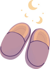 Cute cozy slippers with soft lining and floating moon shapes, bedtime illustration perfect for sleep projects, relaxation designs, wellness, and dreamy lifestyle graphics.
