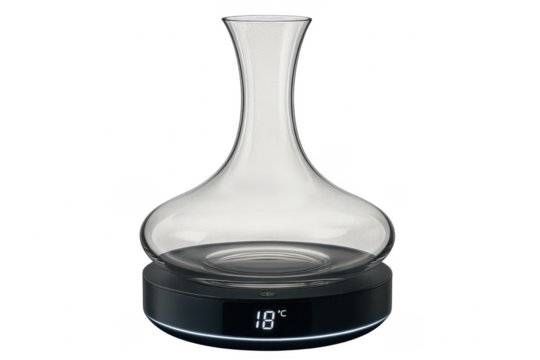 Modern wine decanter with temperature control base on transparent background