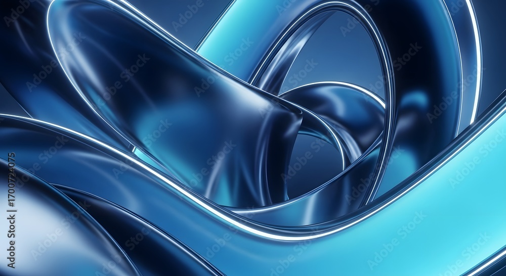 Poster dynamic composition of flowing, glossy, blue metallic ribbons. high technology and fluid dynamics co
