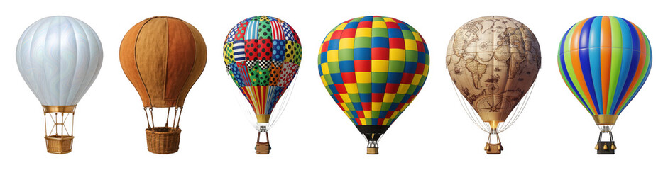 Naklejka premium Hot air balloon set including vintage, map, colorful, patterned, and canvas designs isolated. Travel and adventure elements.