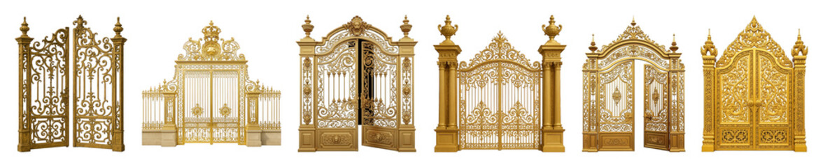 Ornate golden gate set including various styles, open and closed, with intricate scrollwork and classical archways isolated. Grand architectural elements for luxury design. © PixeloAI