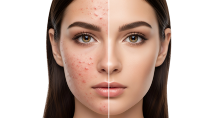 Dramatic before and after portrait of a beautiful woman's face, half with severe acne and half with perfect clear skin, showcasing skincare results Isolated on a Transparent Background