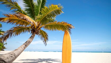 Surfboard leaning against palm tree on a tropical beach.