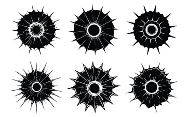 Abstract black and white circular designs with spiky edges and central circles. Impact Holes and Shattered Glass Vector Illustrations