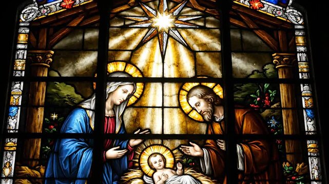Stained Glass Nativity Scene - A stunning stained-glass window depicting the Nativity scene, showcasing the Holy Family&mdash;Mary, Joseph, and baby Jesus&mdash;illuminated by the bright Star of Bethlehem.