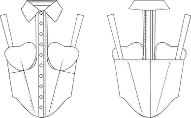 Heart shape bustier top, corset style blouse, strappy fashion garment, women clothing design, cad drawing flat vector illustration