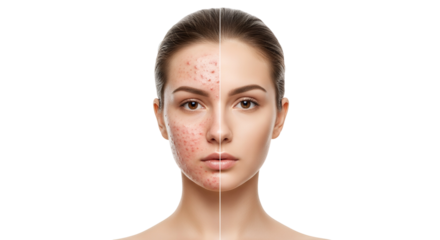 Comparison of a Woman's Face Before and After Skincare Treatment, Isolated on a Transparent Background, Demonstrating Acne Improvement and Skin Health