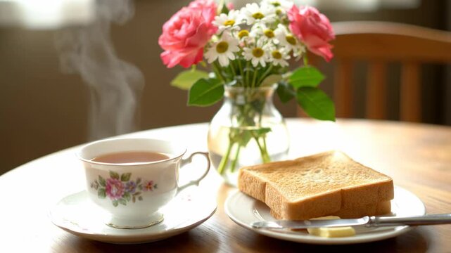 Serene Breakfast: Tea, Toast, and Flowers - A steaming cup of tea sits beside a plate of buttered toast on a wooden table, accompanied by a vase of pink roses and daisies.