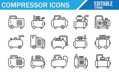 Portable and stationary compressor icons in editable stroke line art style