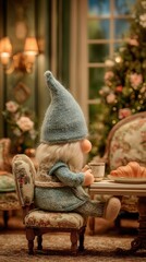 Christmas gnome sitting at small table in cozy dollhouse style living room