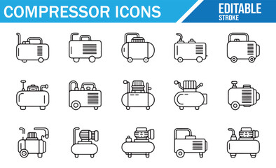 Editable stroke compressor icons set for industrial and mechanical design