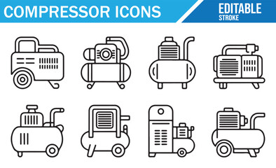 Set of compressor icons in editable stroke style, featuring industrial air compressors, portable units, piston, rotary, and tank designs for workshop, construction, mechanical, and engineering illustr