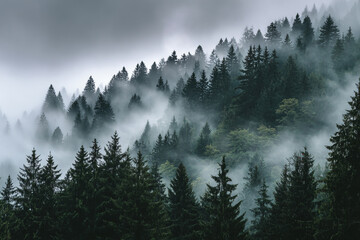 Misty mountain forest evergreen trees nature landscape scenery