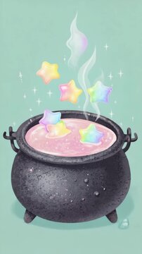Starry Potion Brewing: A Magical Cauldron with Rainbow Stars and Vaporous Steam, , animasi video, wallpapper phone