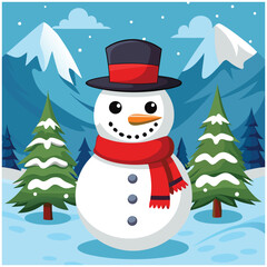 Snowman with top hat and scarf in snowy mountain landscape