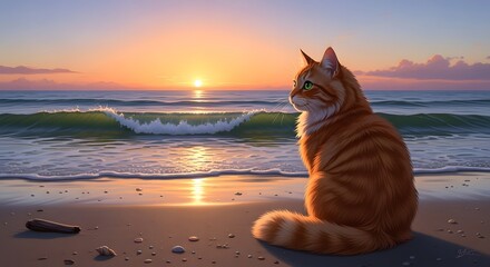 Obraz premium Ginger cat sitting on a beach watching the sunset over the ocean.